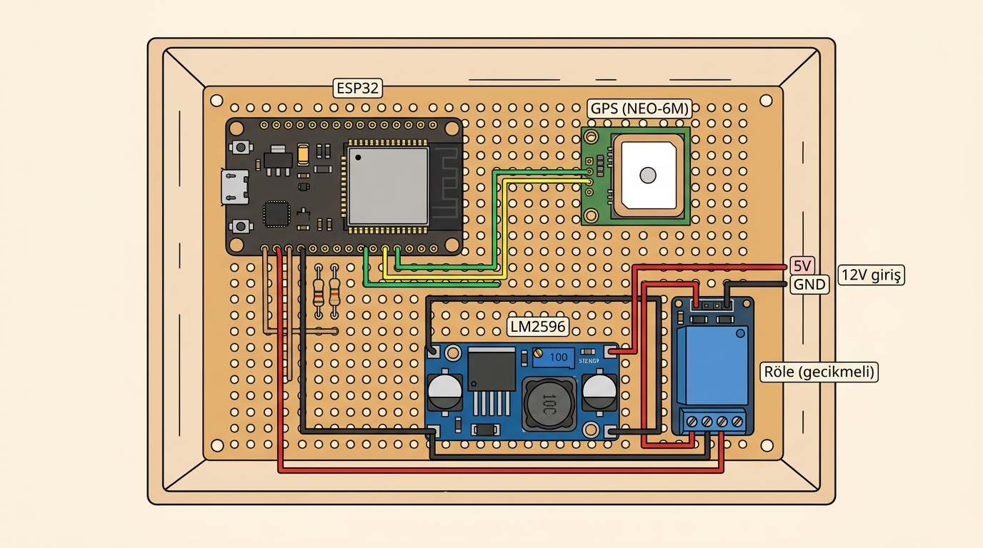 Proje kutusu içi kart yerleşimi: ESP32 devkit, NEO-6M, LM2596, delay-off röle modülü ve kablolama