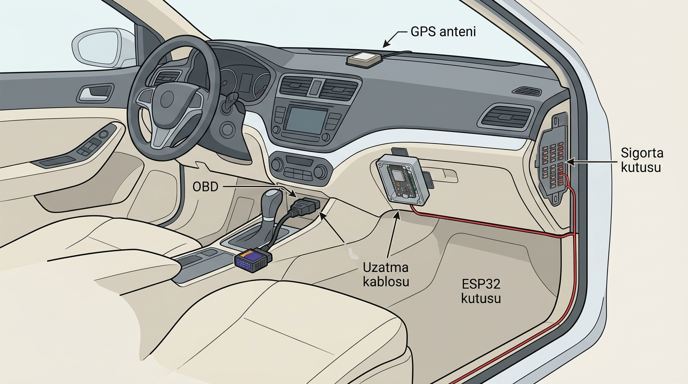 Araç içi kurulum genel görünümü: torpido altı OBD portu, uzatma kablosu, ELM327, ESP32 kutusu, ön camda GPS anteni, sigorta kutusuna giden kablo