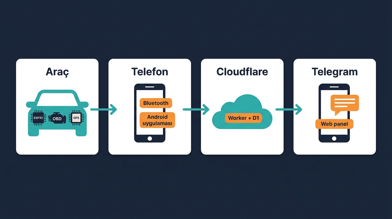 Sistem mimarisi infografiği: Araç (ESP32, OBD, GPS) → Ev WiFi → Ev sunucusu (FastAPI + SQLite) → Telegram bildirimi ve web panel