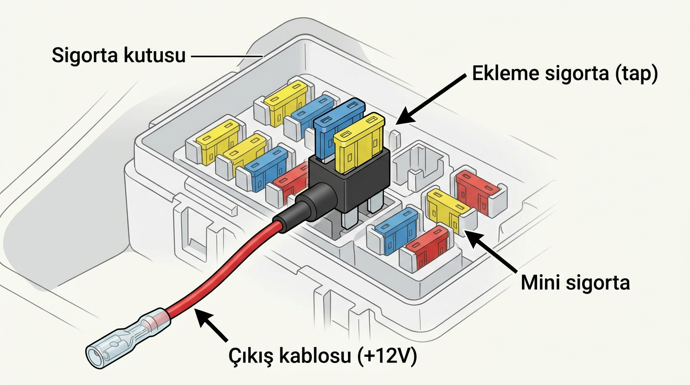 Sigorta kutusunda add-a-circuit sigorta tap yakın çekim: iki mini sigorta ve kırmızı çıkış kablosu